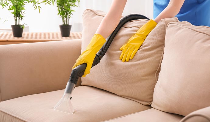 Person cleaning upholstery with a vacuum cleaner