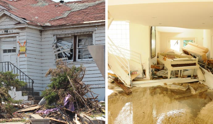 Collage of storm damaged house and flooded room