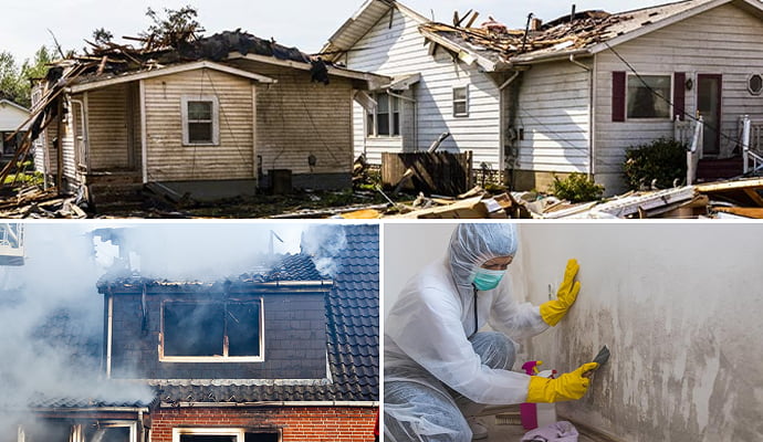 Collage of storm damage, burning house and mold remediation service