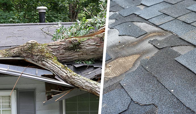 Collage of storm damaged roof and borken shingles due to water damage Collage of storm damaged roof and borken shingles due to water damage