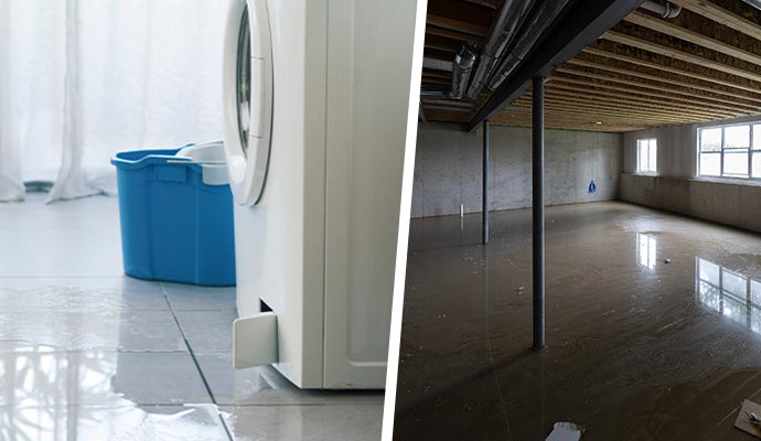 Collage of a washing machine leaking onto a tiled floor and a basement flooded with water Collage of a washing machine leaking onto a tiled floor and a basement flooded with water
