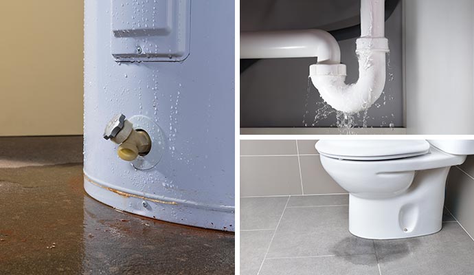 Collage of indoor water damage, plumbing leakage and sewage leakage Collage of indoor water damage, plumbing leakage and sewage leakage