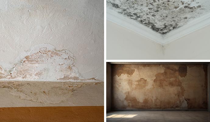 Collage of water damaged moldy wall, water damaged ceiling and severely water stained discolored wall Collage of water damaged moldy wall, water damaged ceiling and severely water stained discolored wall