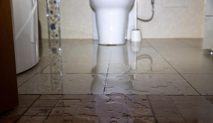 Water on bathroom floor from a leaky toilet Water on bathroom floor from a leaky toilet