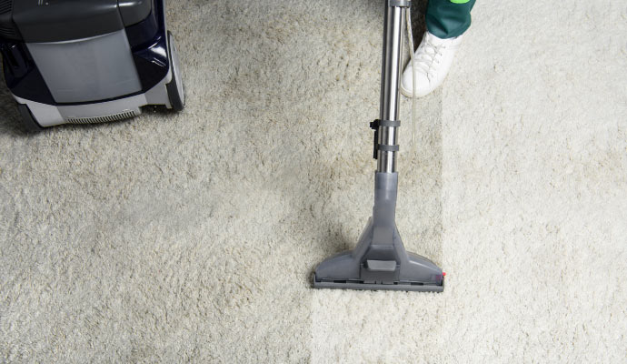 Person cleaning a carpet using a vacuum