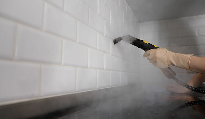 a professional using a steam cleaner to clean grout between tiles