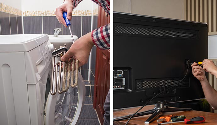 Collage of professional repairing a washing machine and a TV