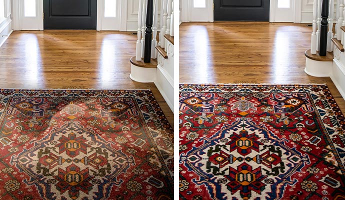 dirty and clean rug on wooden floor