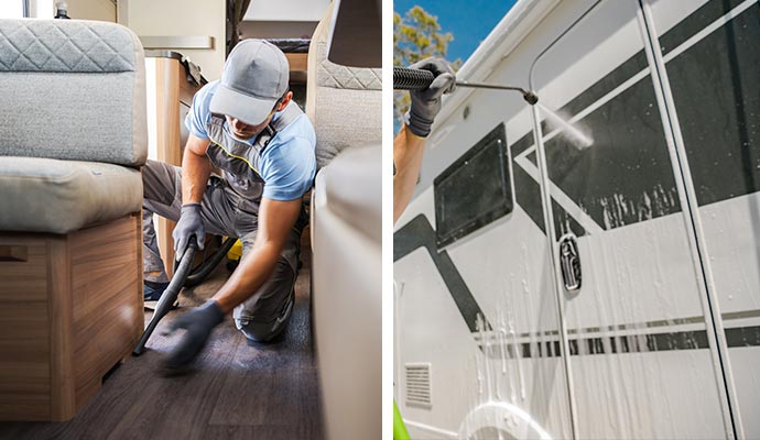 Interior cleaning with vacuum and exterior cleaning of RV with pressure wash