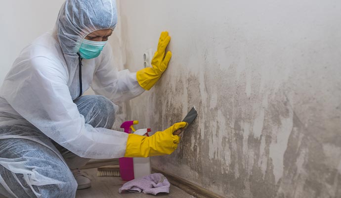 Person removing mold from wall