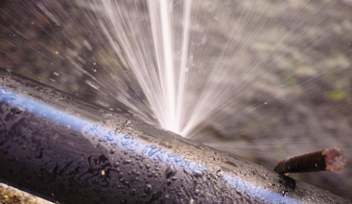 Close-up of a burst water pipe with water spraying out